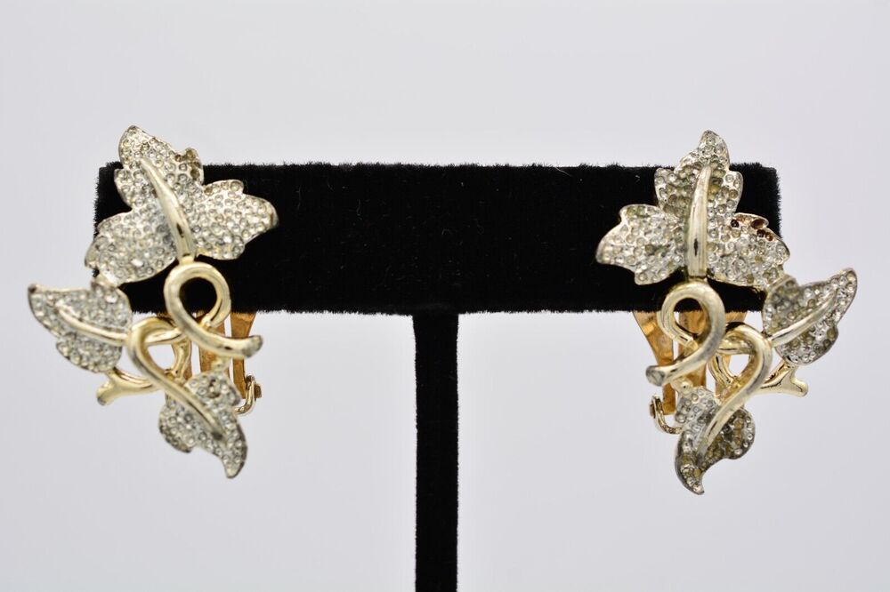 Sarah Cov Vintage Leaf Earrings Silver Gold Textured Autumn Fall Signed 80s 9E